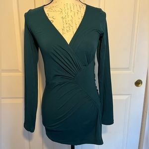 Cabi #677 Top Small Peacock Blue Teal Diamond Surplice Faux Wrap Ruched